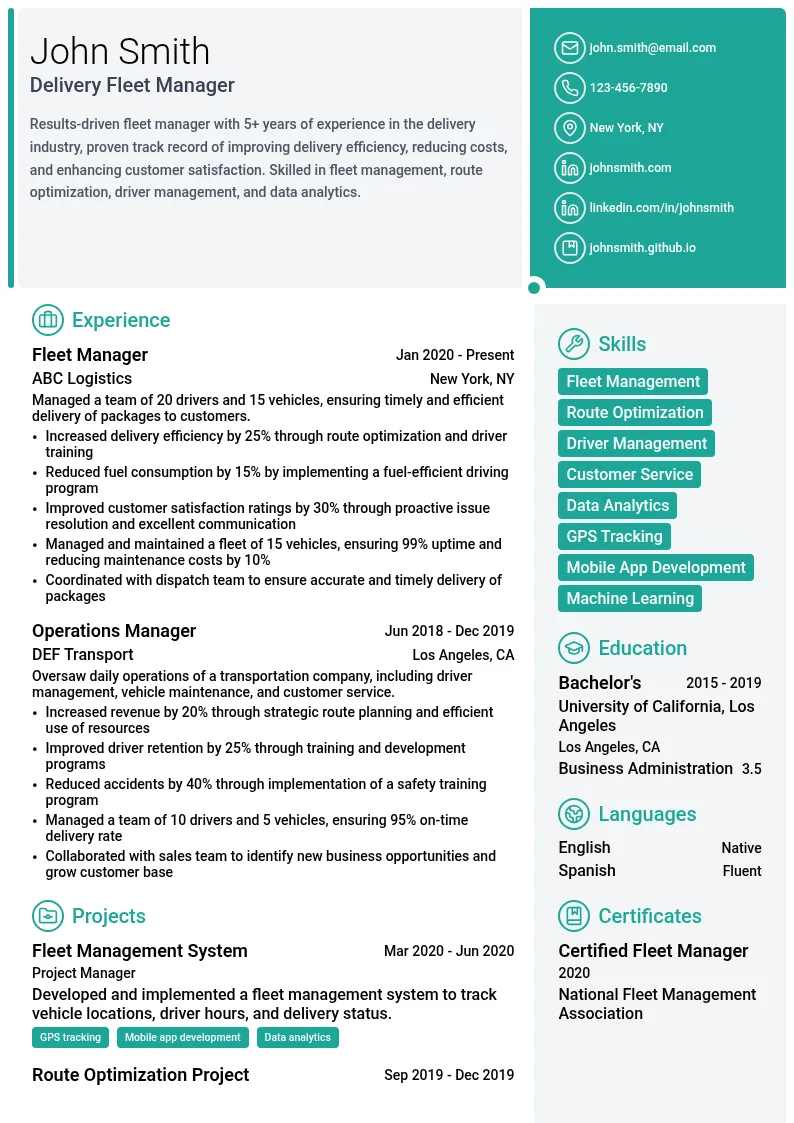 Delivery Fleet Managment resume example