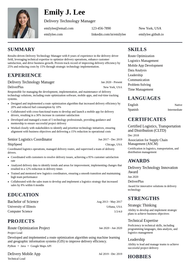 Delivery Technology Manager resume example