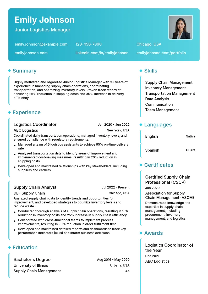 Junior Logistics Manager resume example