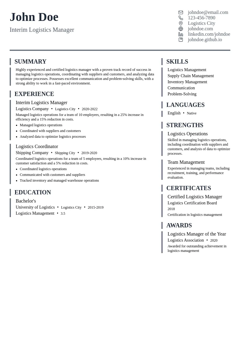 Interim Logistics Manager resume example