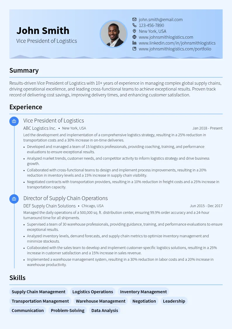 Vice President of Logistics resume example