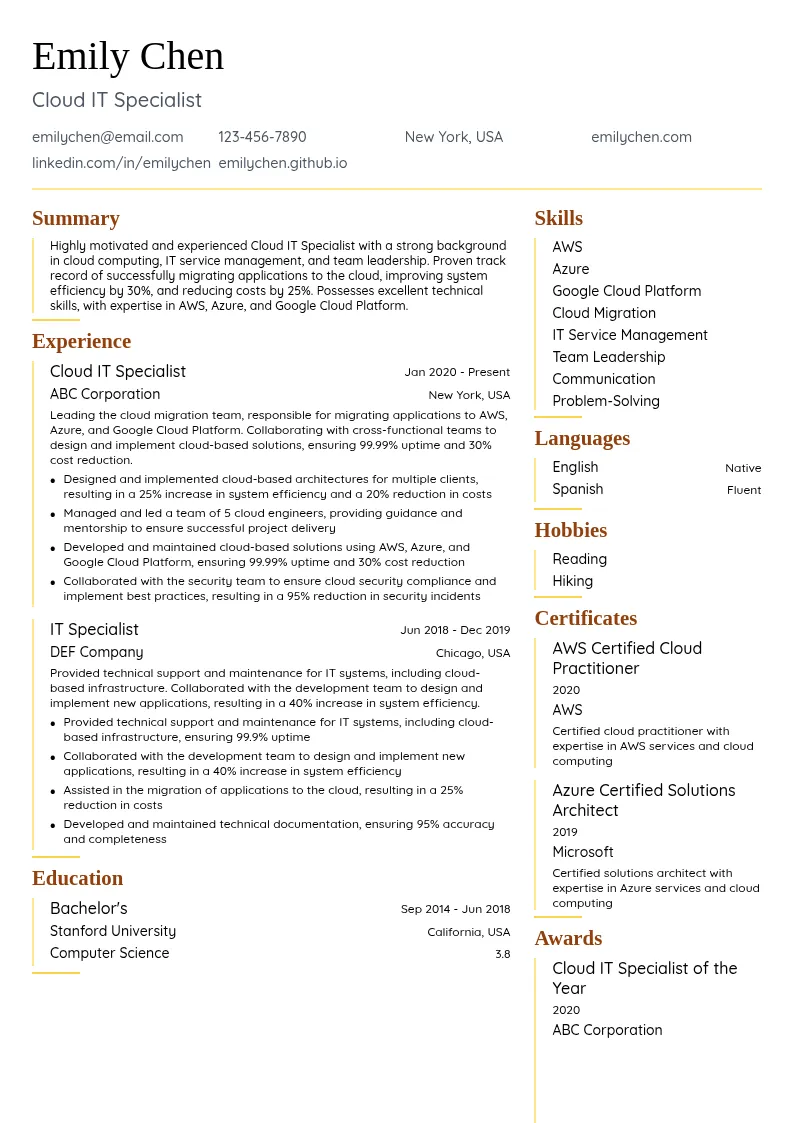 Cloud IT Specialist resume example