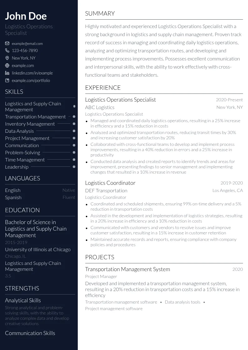 Logistics Operations Specialist resume example