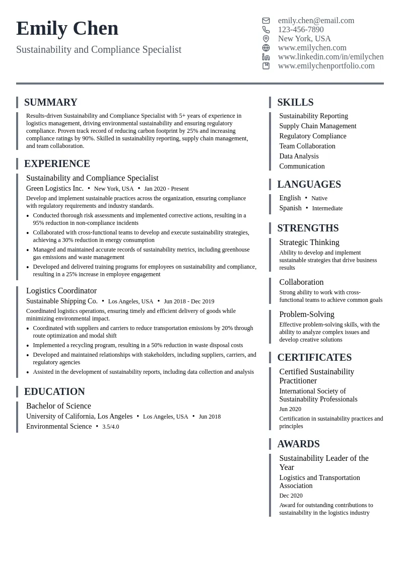 Sustainability and Compliance Specialist resume example