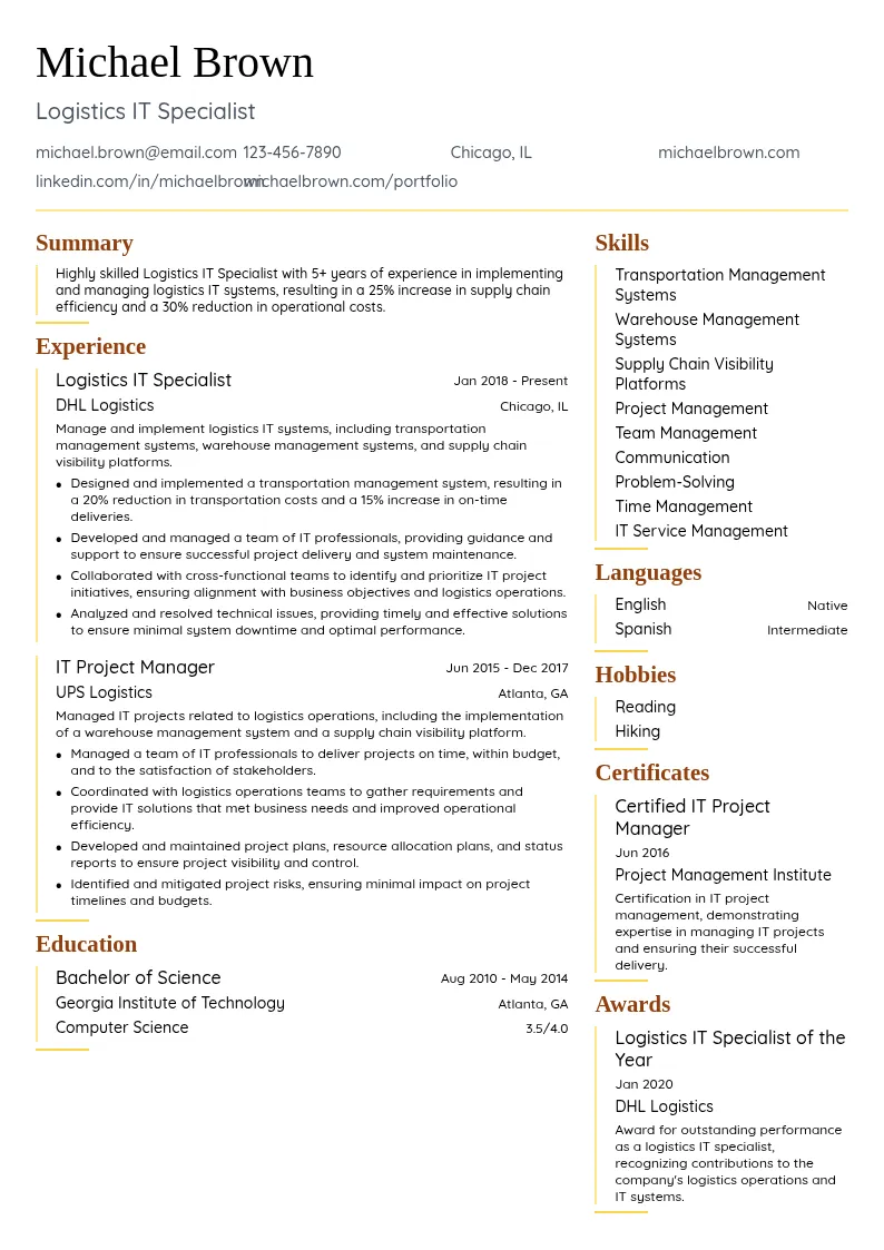 Logistics IT Specialist resume example