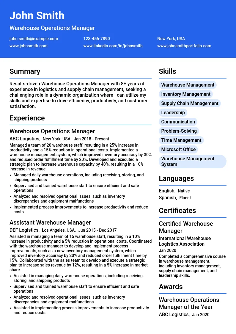 Warehouse Operations Manager resume example