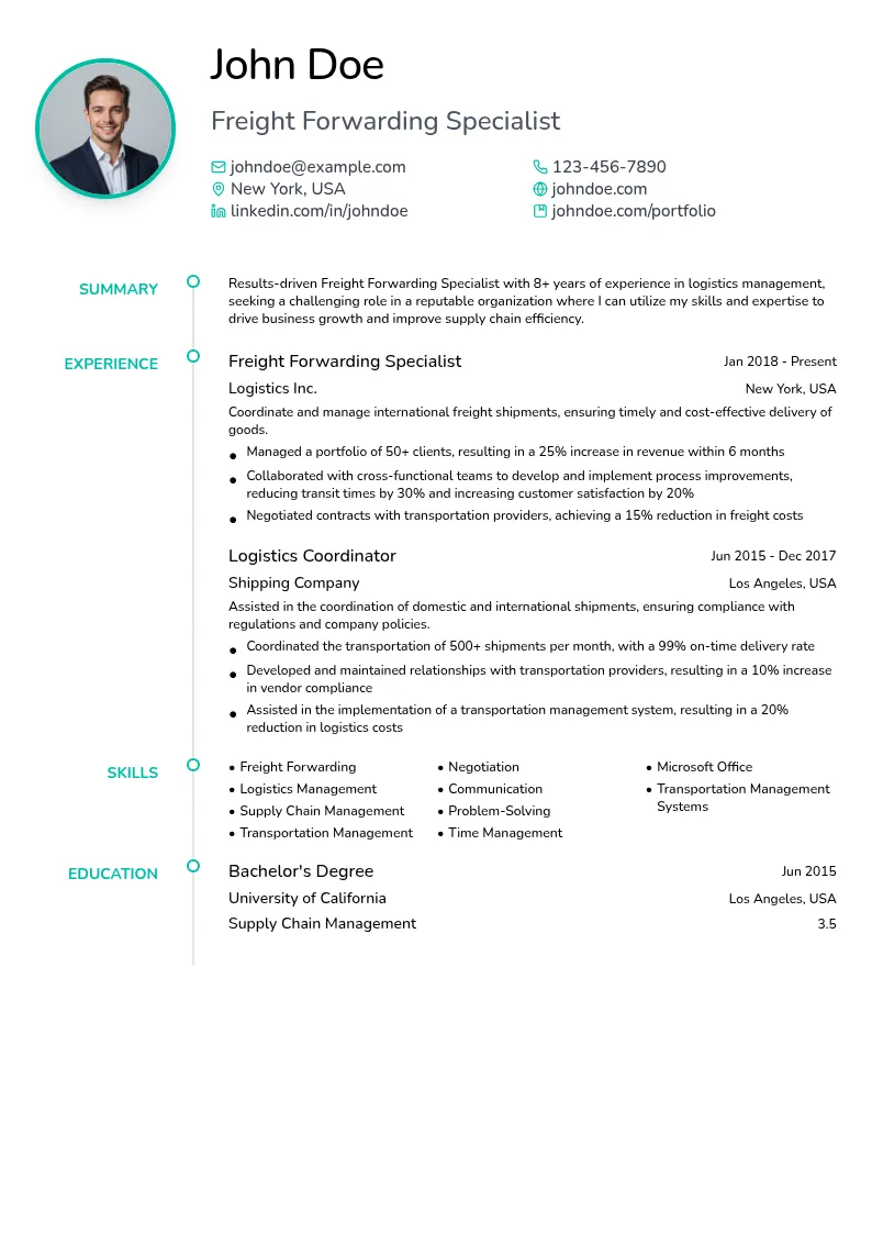 Freight Forwarding Specialist resume example