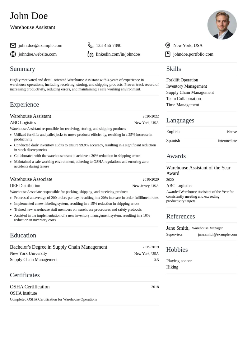Warehouse Assistant resume example