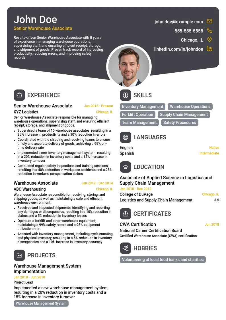 Senior Warehouse Associate resume example