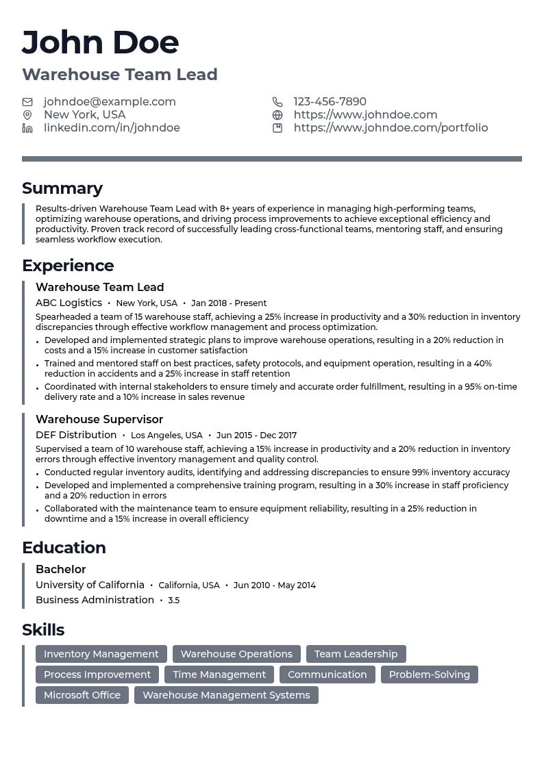 Warehouse Team Lead resume example