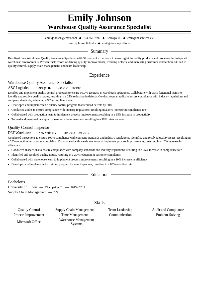 Warehouse Quality Assurance Specialist resume example