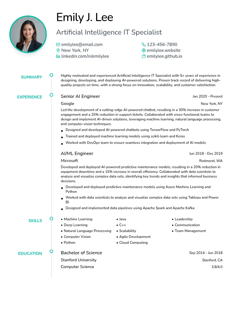 Artificial Intelligence IT Specialist resume example