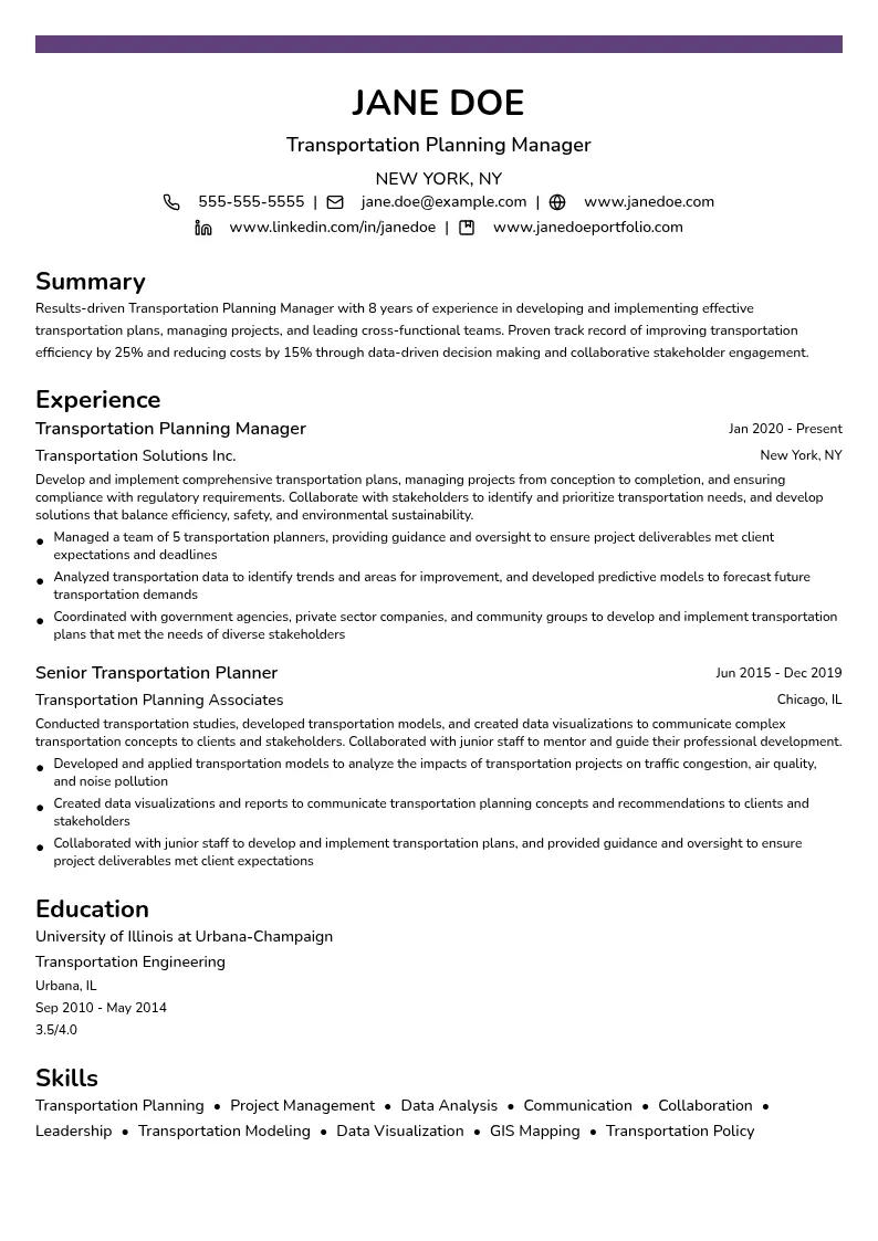 Transportation Planning Manager resume example