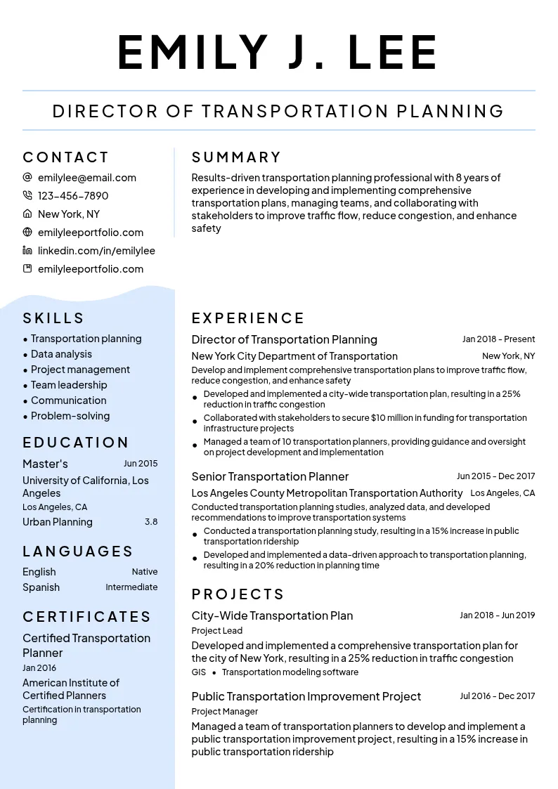 Director of Transportation Planning resume example