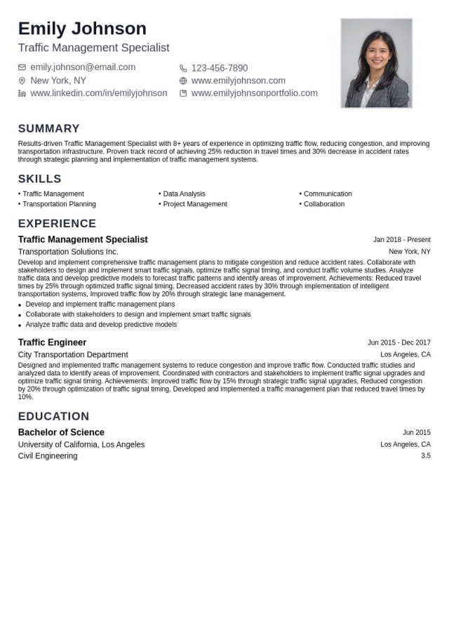 Traffic Management Specialist resume example