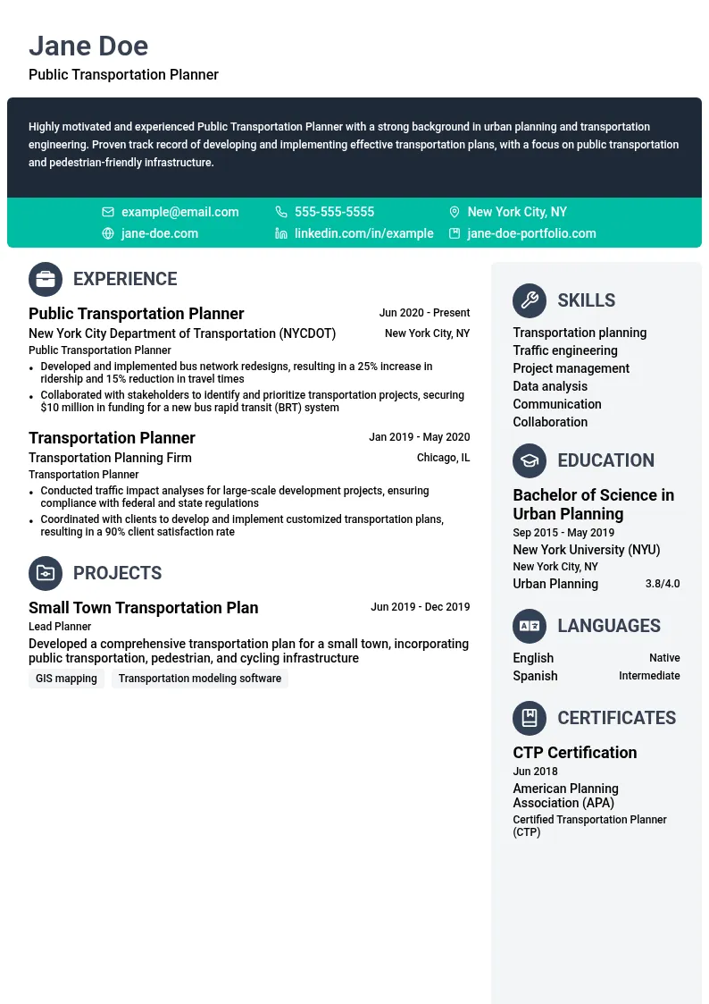 Public Transportation Planner resume example