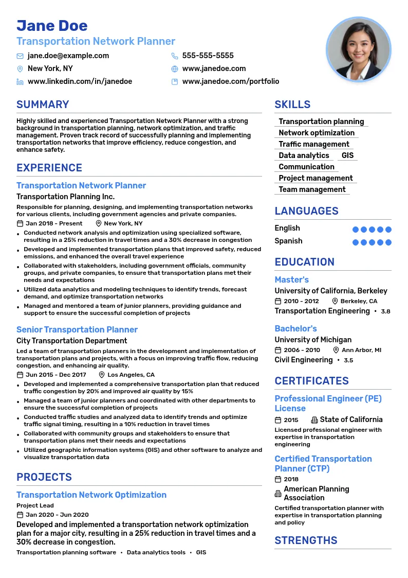 Transportation Network Planner resume example