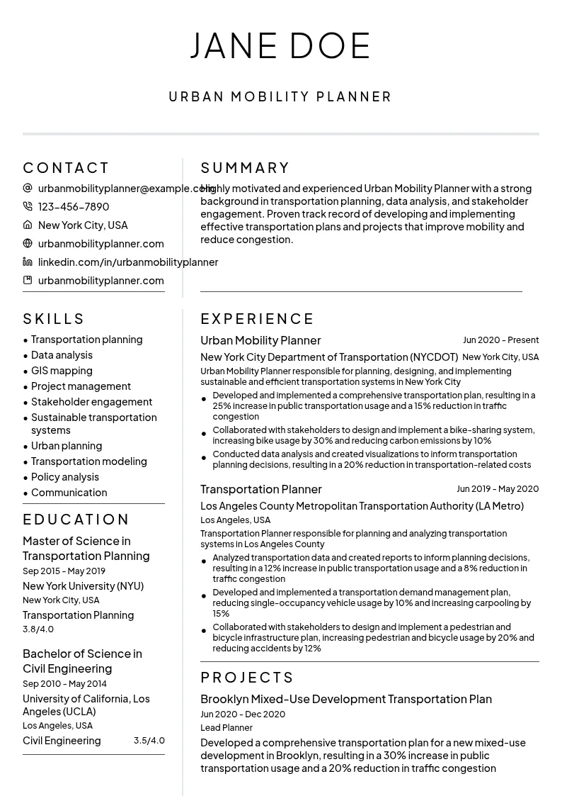 Urban Mobility Planner resume example