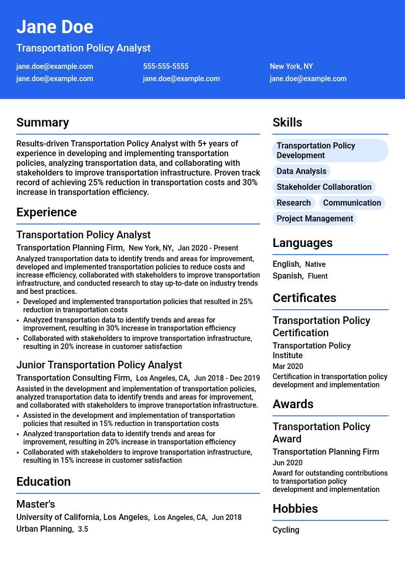 Transportation Policy Analyst resume example