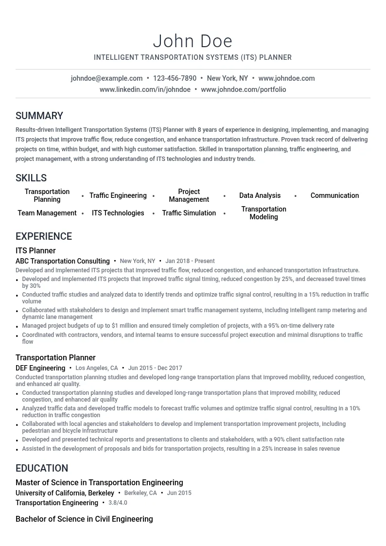 Intelligent Transportation Systems (ITS) Planner resume example