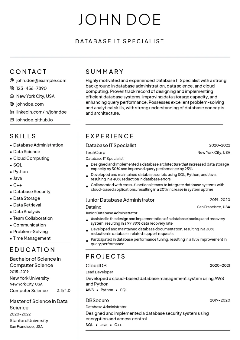 Database IT Specialist resume example