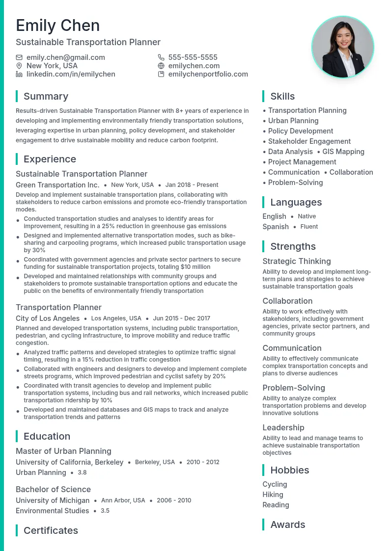 Sustainable Transportation Planner resume example