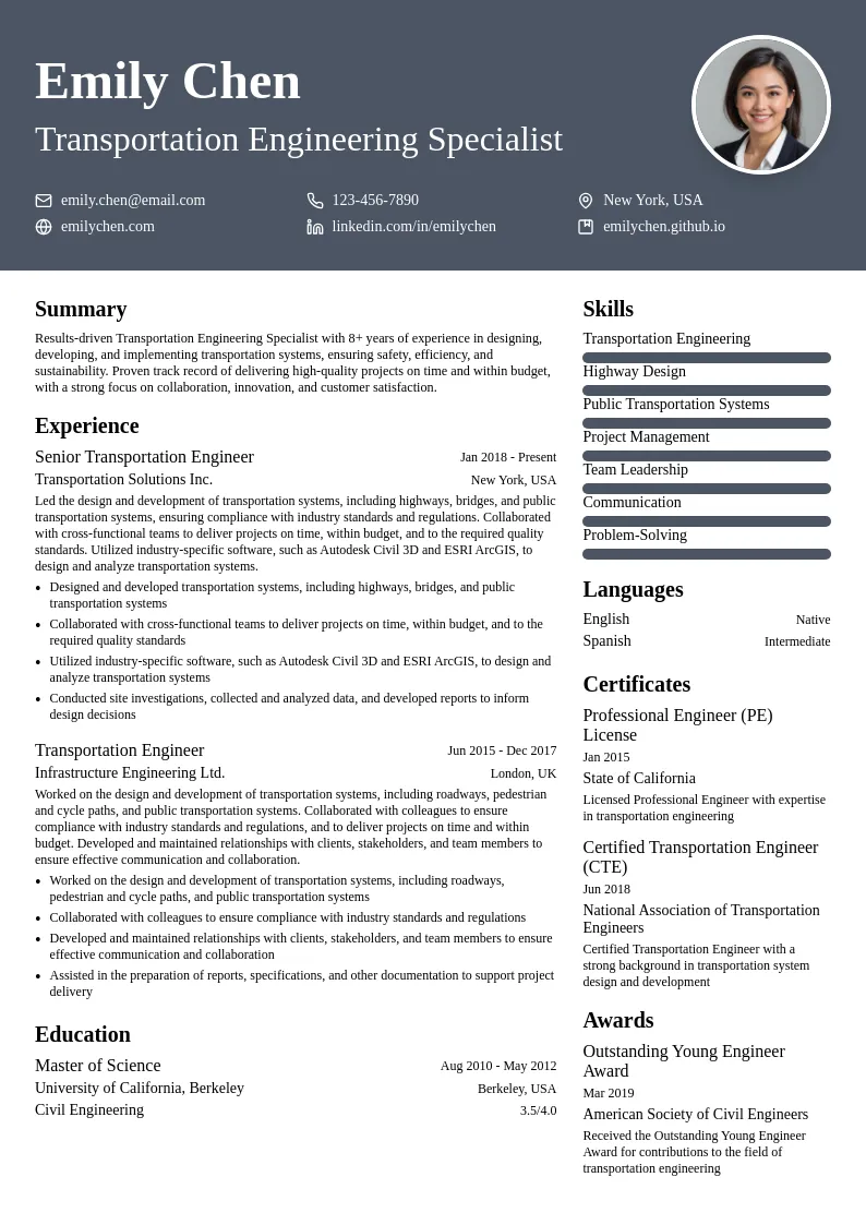 Transportation Engineering Specialist resume example