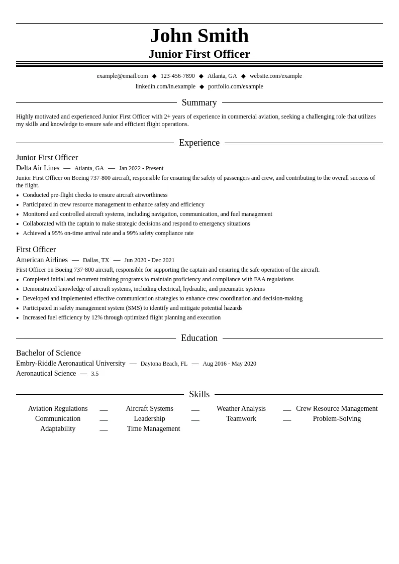Junior First Officer resume example