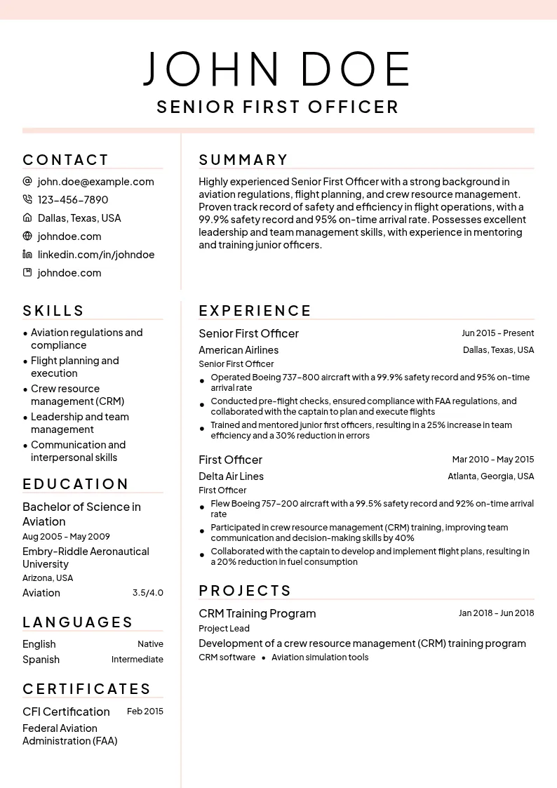 Senior First Officer resume example