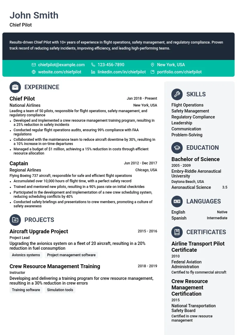 Chief Pilot resume example