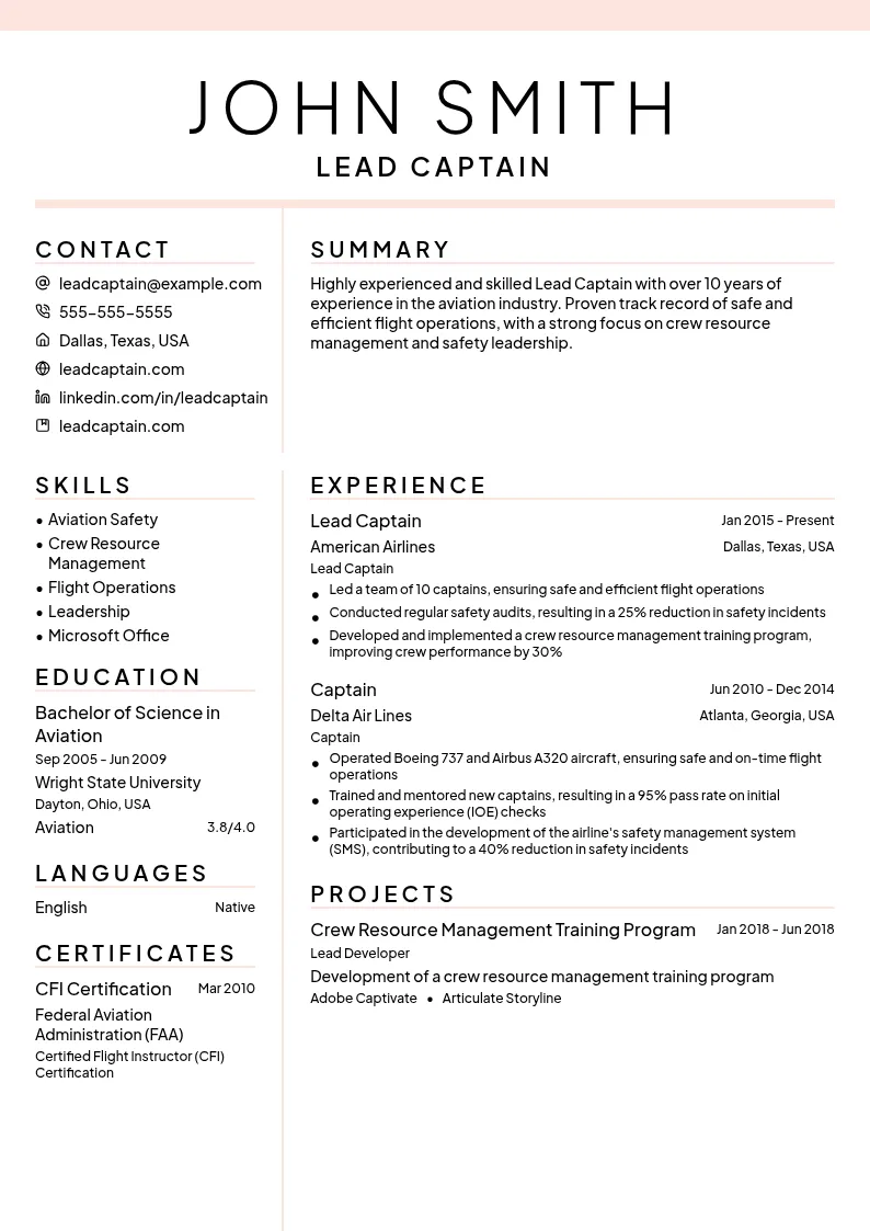 Lead Captain resume example