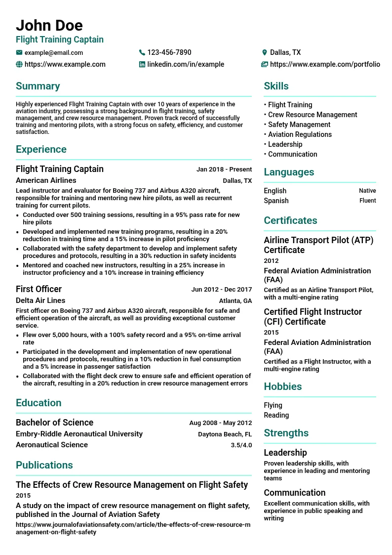Flight Training Captain resume example