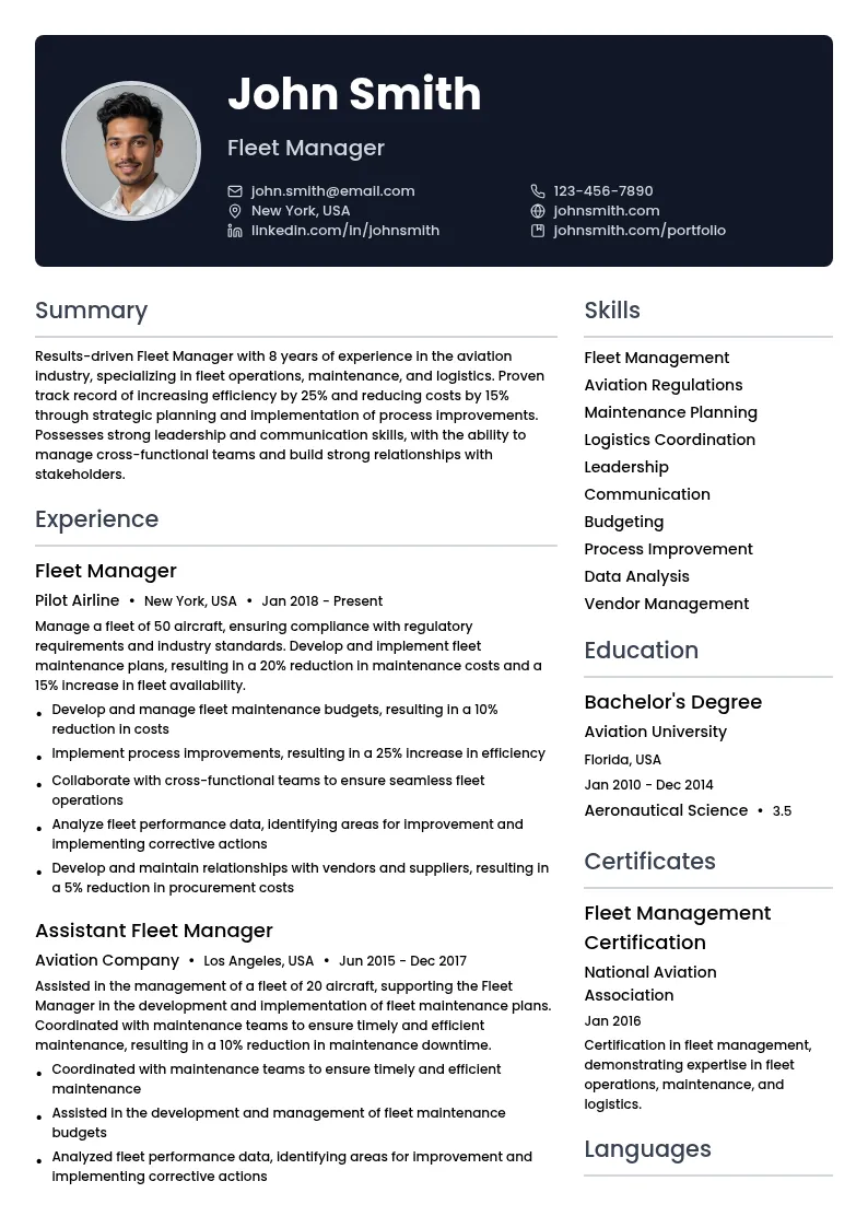 fleet manager resume example