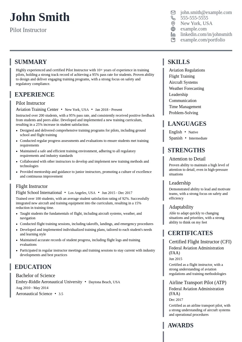 Pilot Instructor resume example