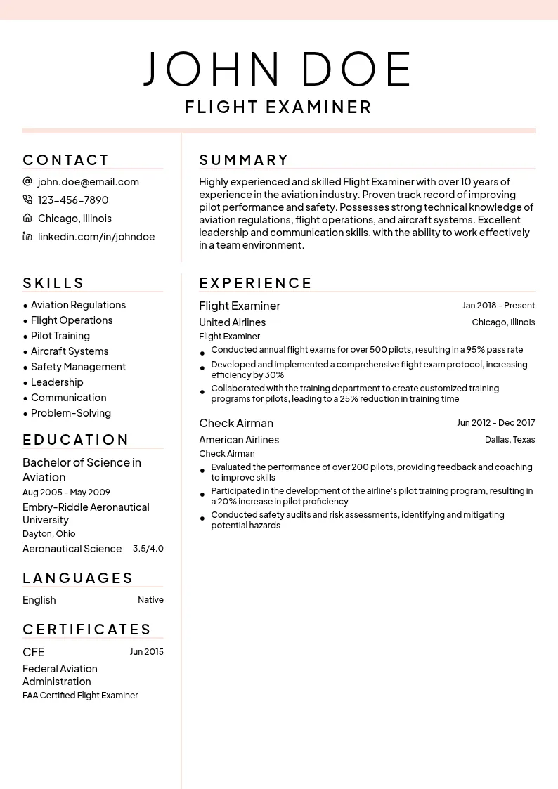 Flight Examiner resume example