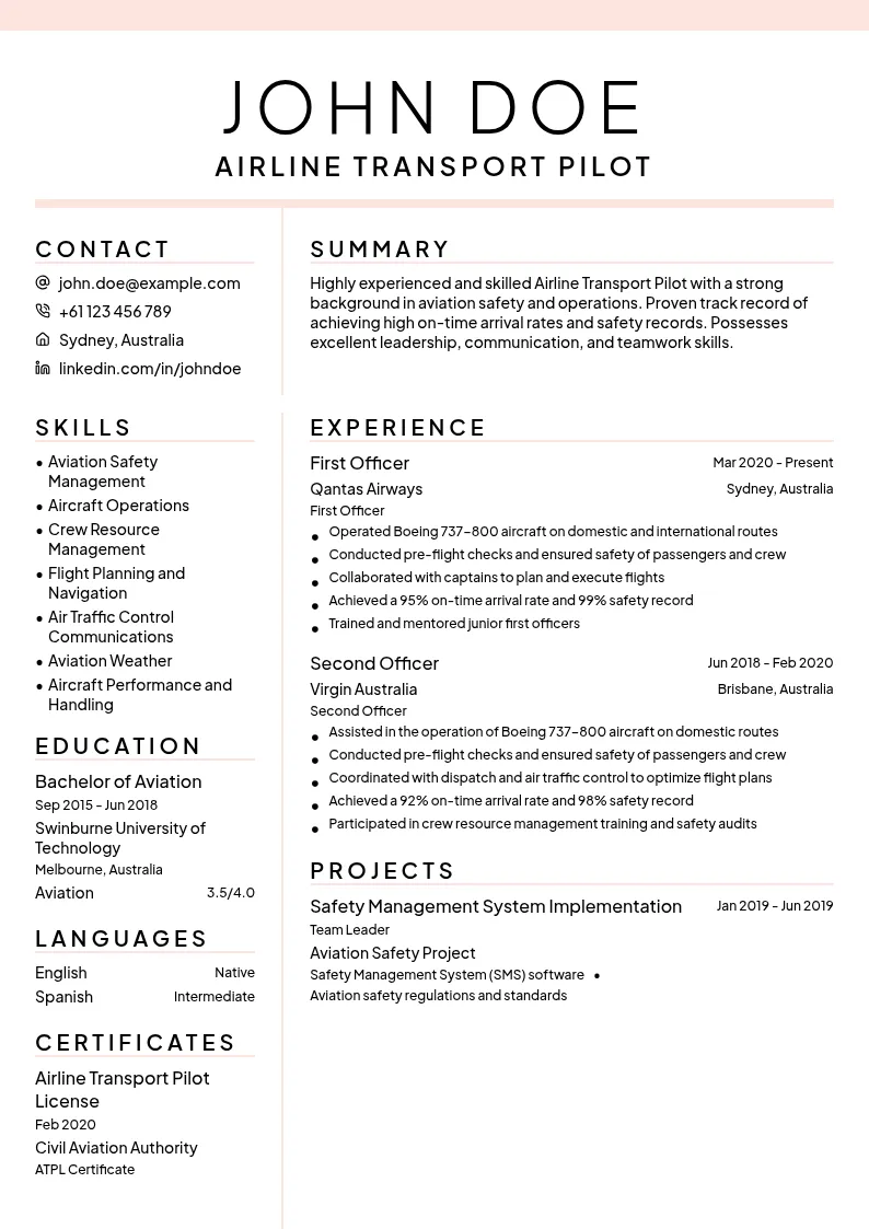 ATPL resume example