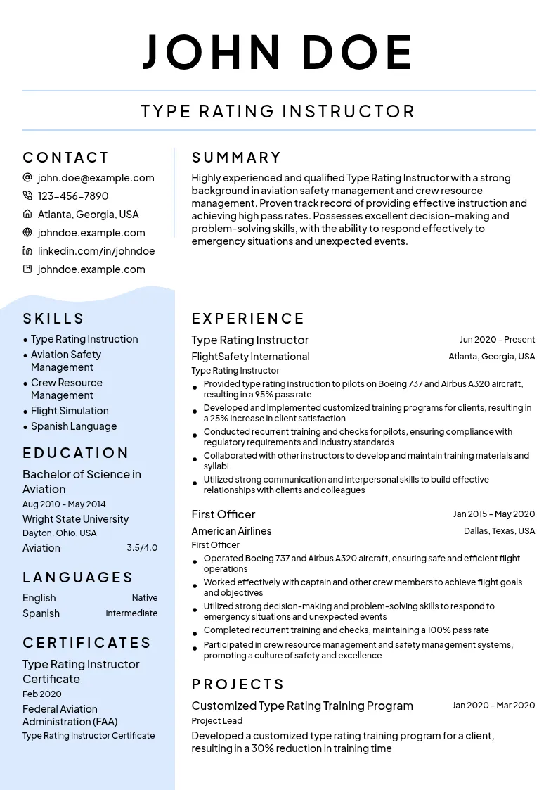 Type Rating Instructor resume example