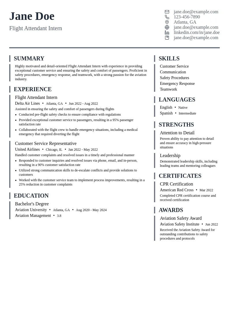 Flight Attendant Intern resume example