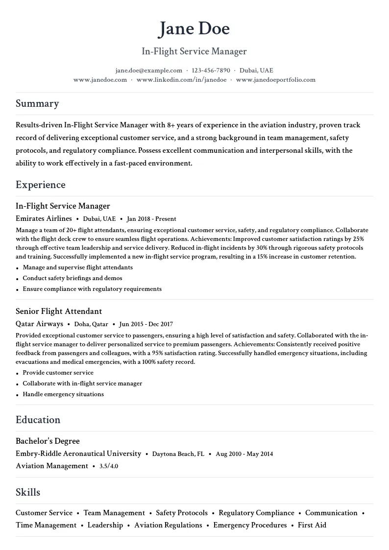 In-Flight Service Manager resume example