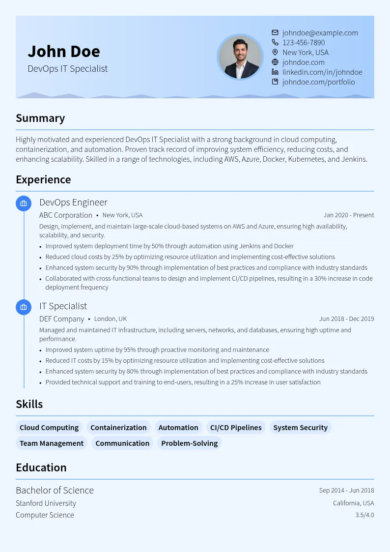 DevOps IT Specialist resume example