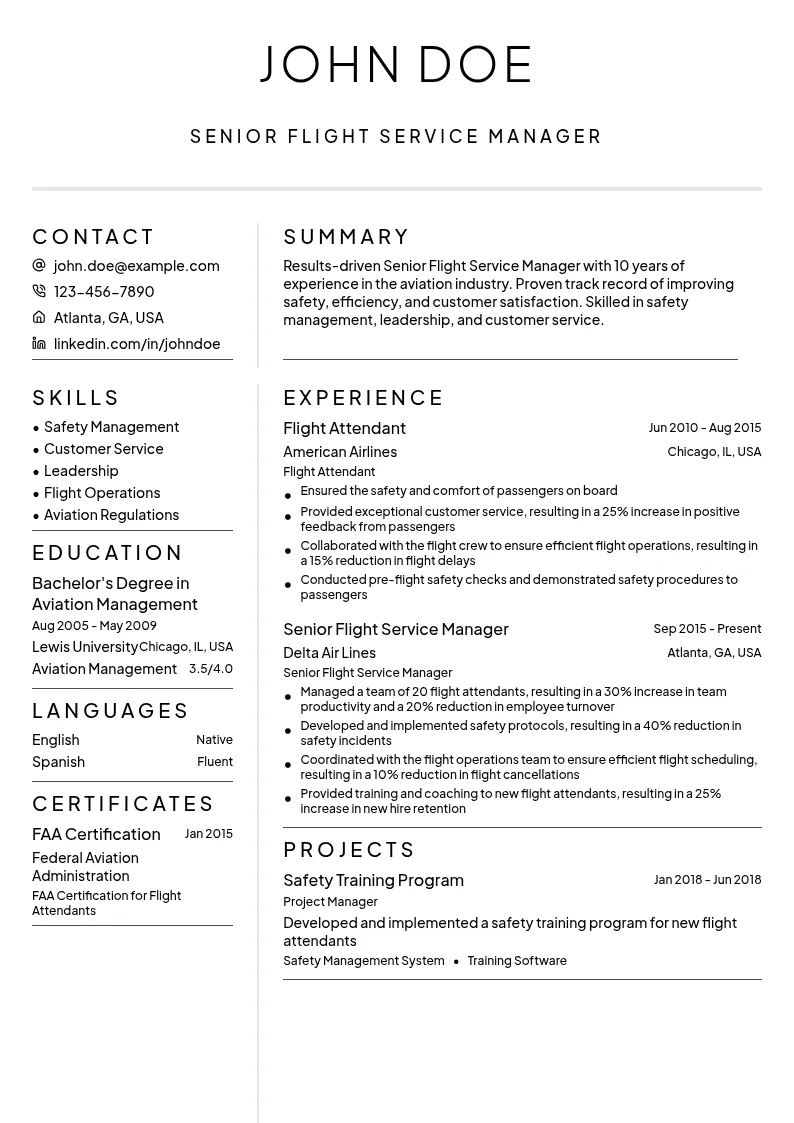 Senior Flight Service Manager resume example