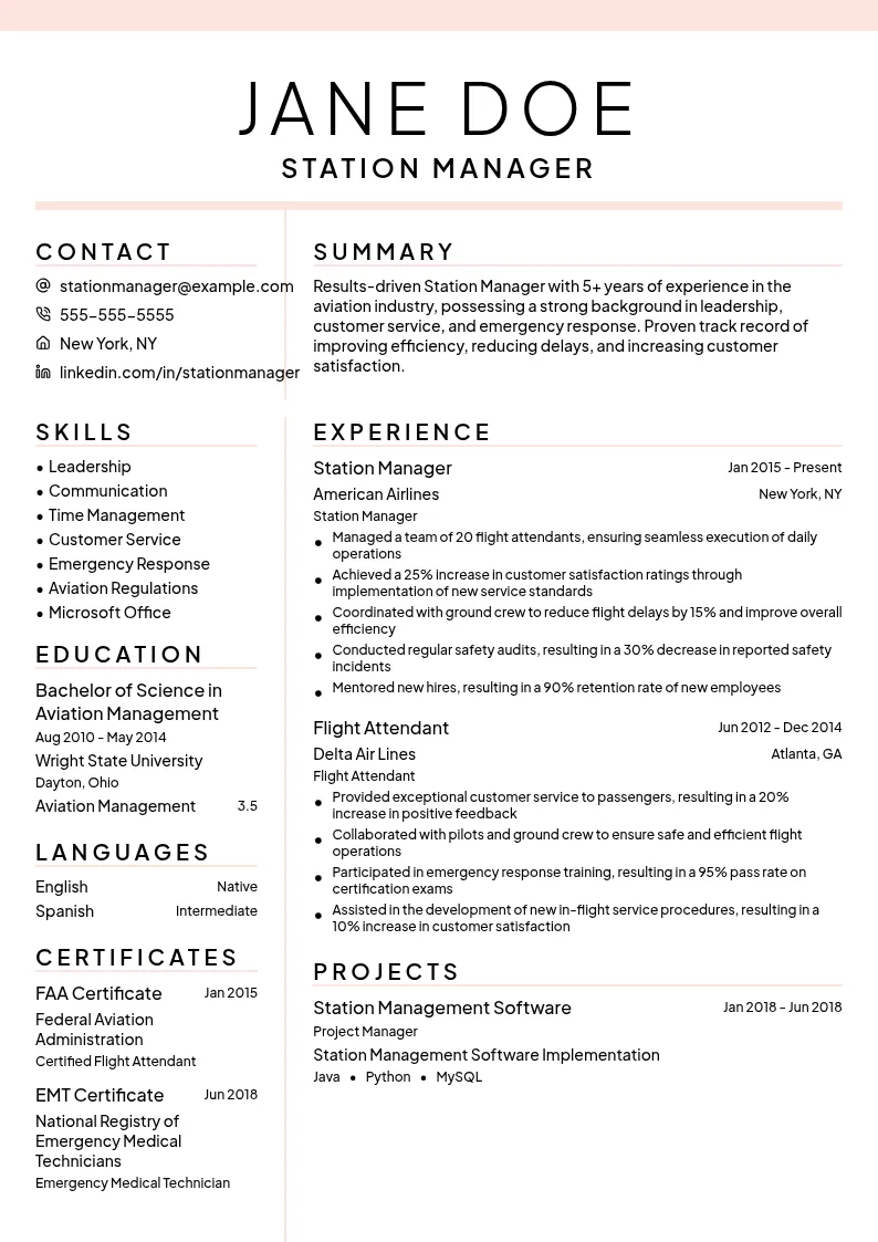 Station Manager resume example