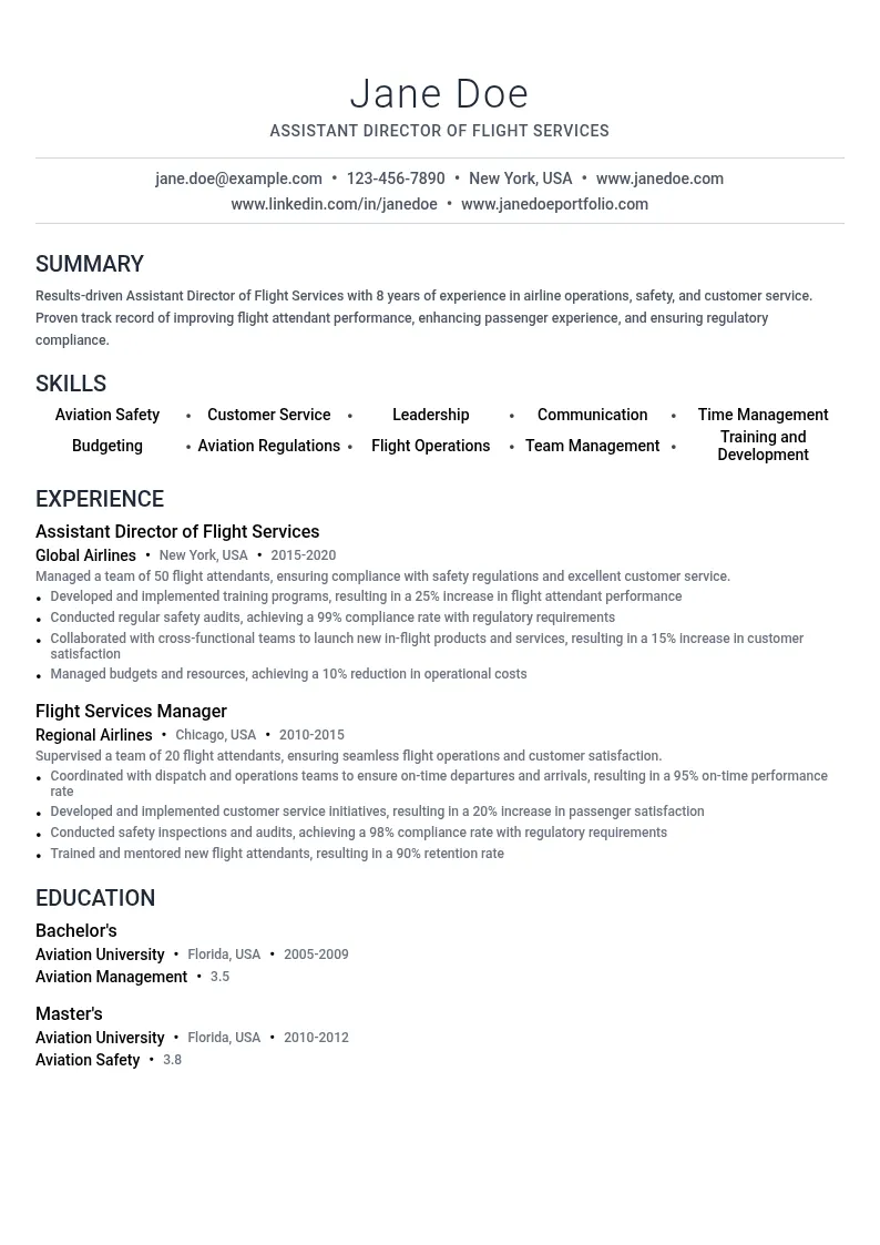Assistant Director Flight Services resume example