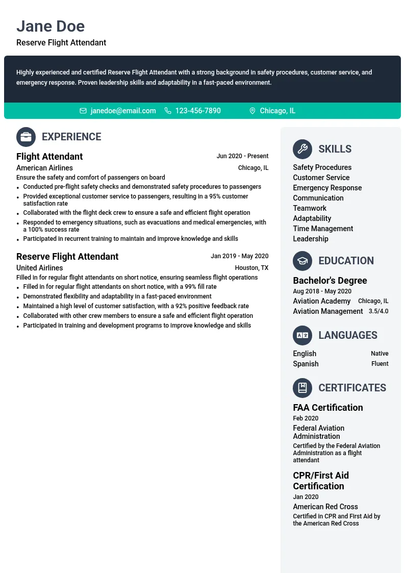 Reserve Flight Attendant resume example