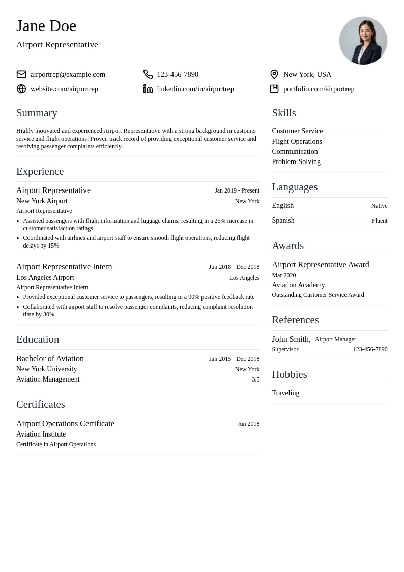 Airport Representative resume example