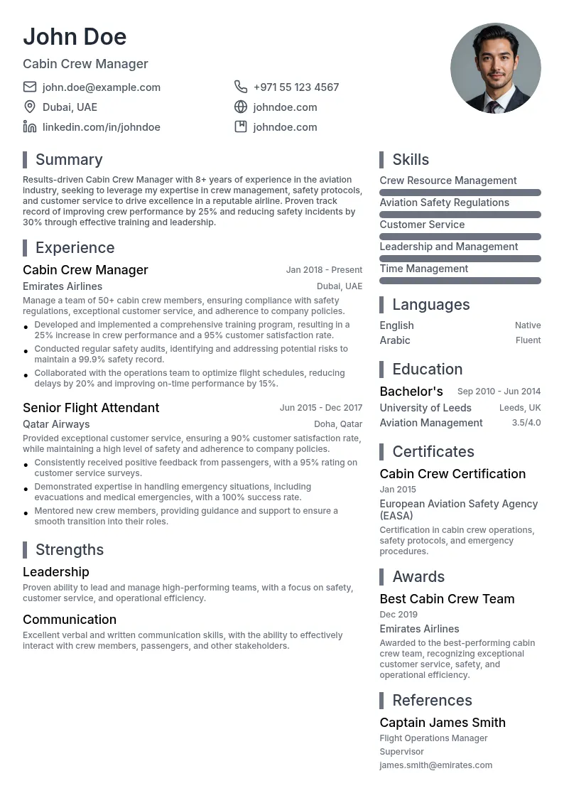 Cabin Crew Manager resume example