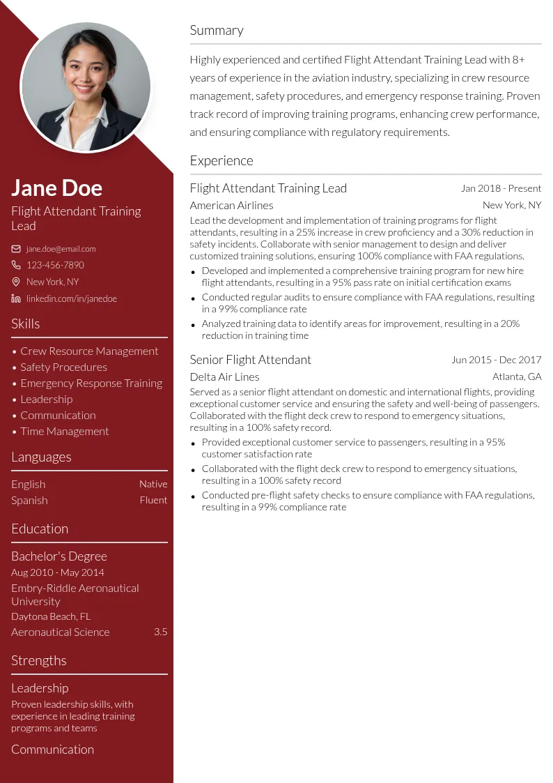 Flight Attendant Training Lead resume example