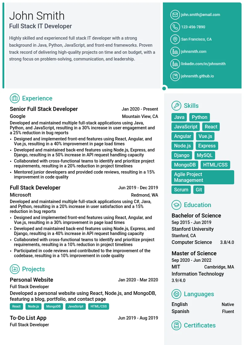 Full Stack IT Developer resume example