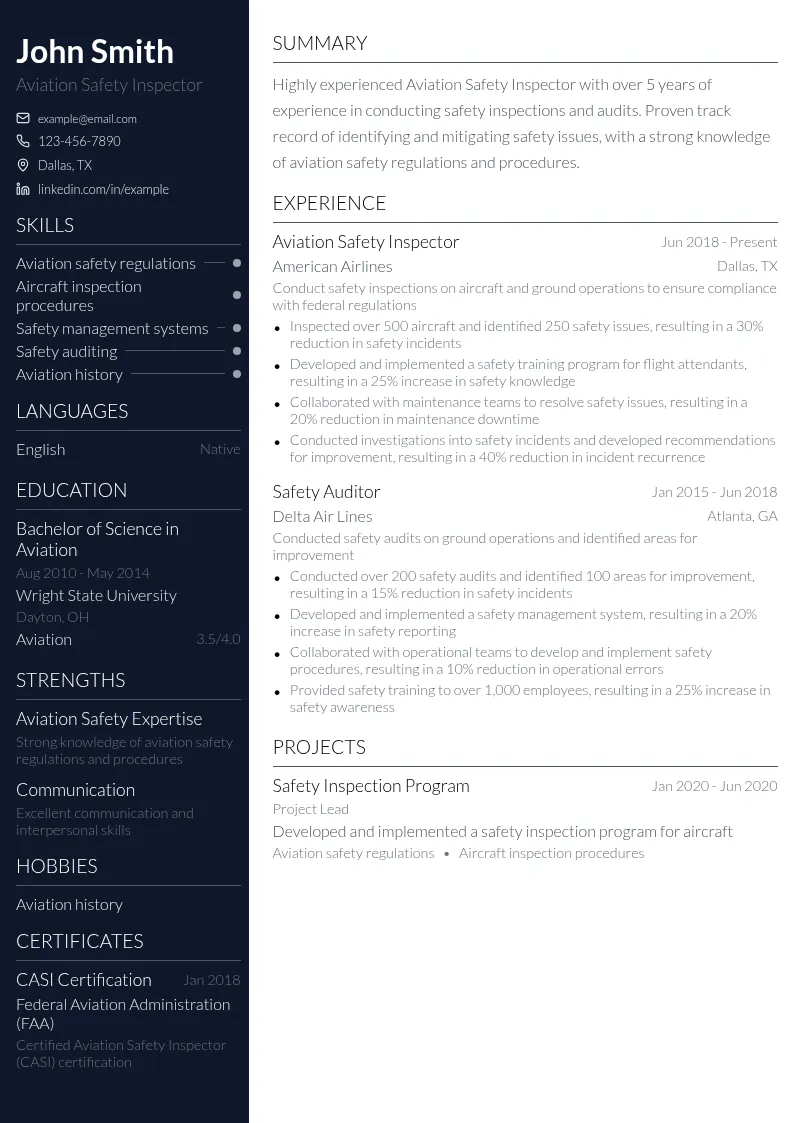 Aviation Safety Inspector resume example
