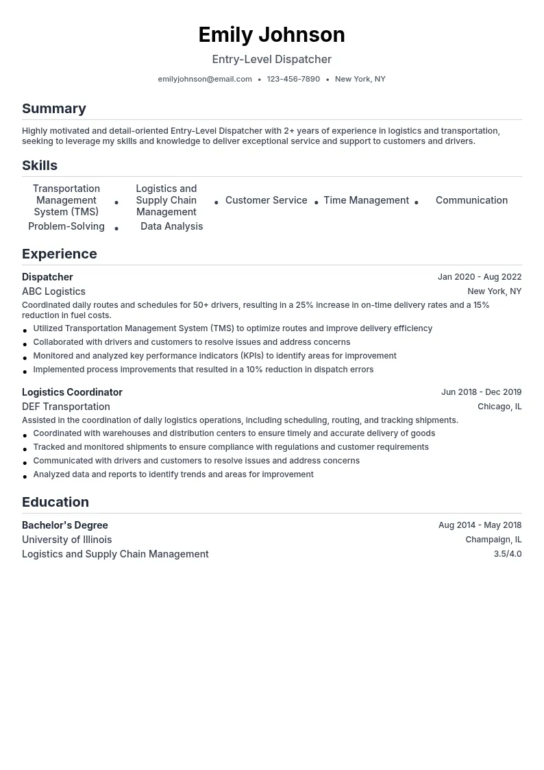 Entry-Level Dispatcher resume example
